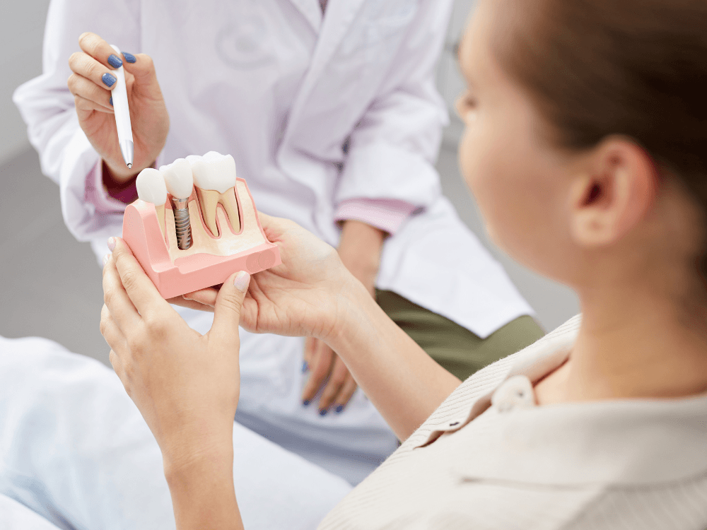 Dentista explica o funcionamento de um implante dentário a uma paciente durante consulta, usando modelo de dentes e pino metálico.
