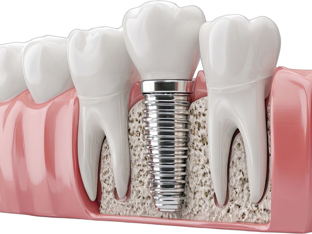 Modelo ilustrativo mostrando melhor tipo de implante dentário com estrutura integrada ao osso e coroa fixada