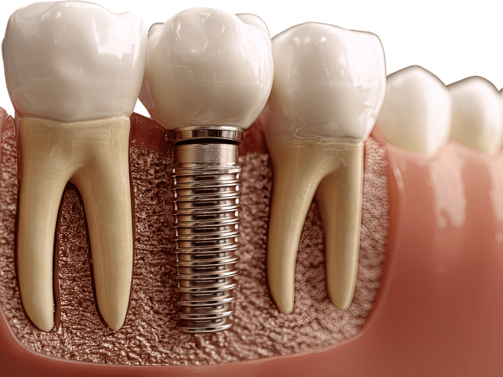 Ilustração de implante dentário com coroa branca fixado no osso da mandíbula entre dentes naturais, mostrando o pino de titânio. Tudo para explicar como saber se o pino do implante foi rejeitado.